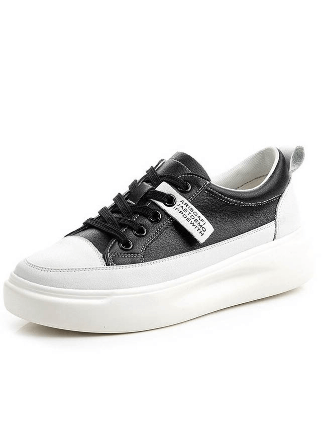 Black and white casual breathable lace-up leather platform sneakers with a stylish shallow fashion design, SF0371 model.
