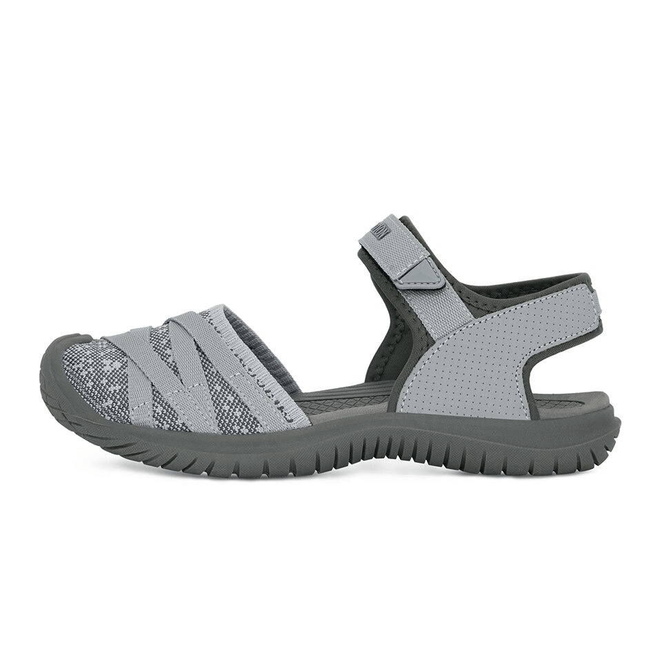 Casual closed toe grey flat heel women's trekking sandal with hook & loop strap, perfect for comfort and style during travel or walking.
