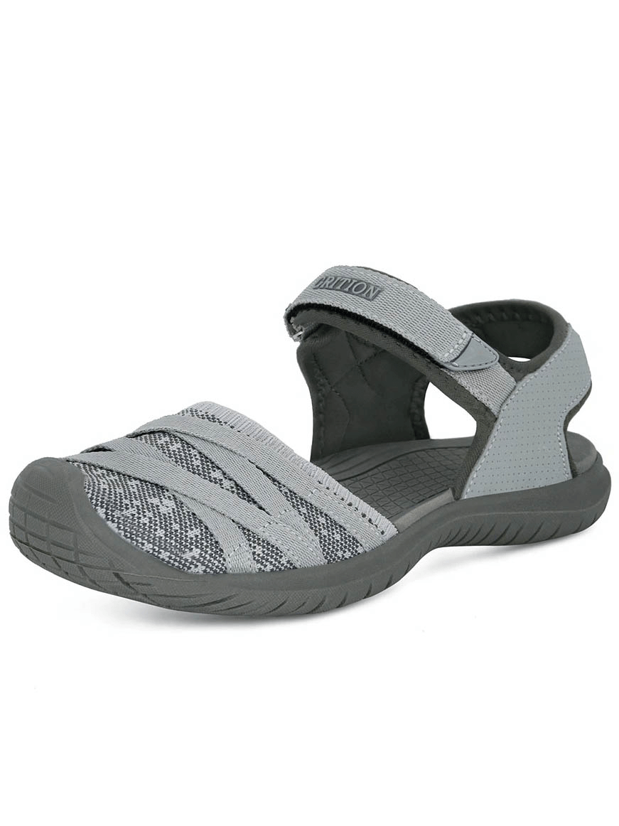 Gray women's casual closed toe flat sandals with lightweight EVA insole and hook & loop closure, ideal for walking and trekking.
