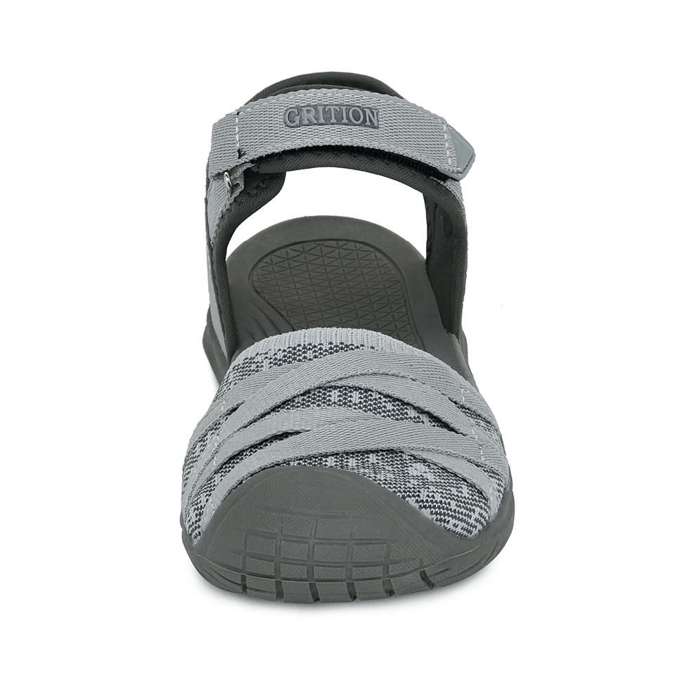 Gray closed toe flat heel women's sandal with hook & loop closure, ideal for casual wear, trekking, and commuting.