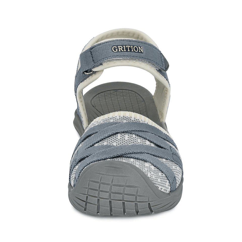 Front view of gray casual closed toe flat heel women's sandal with hook & loop closure, perfect for trekking and travel.