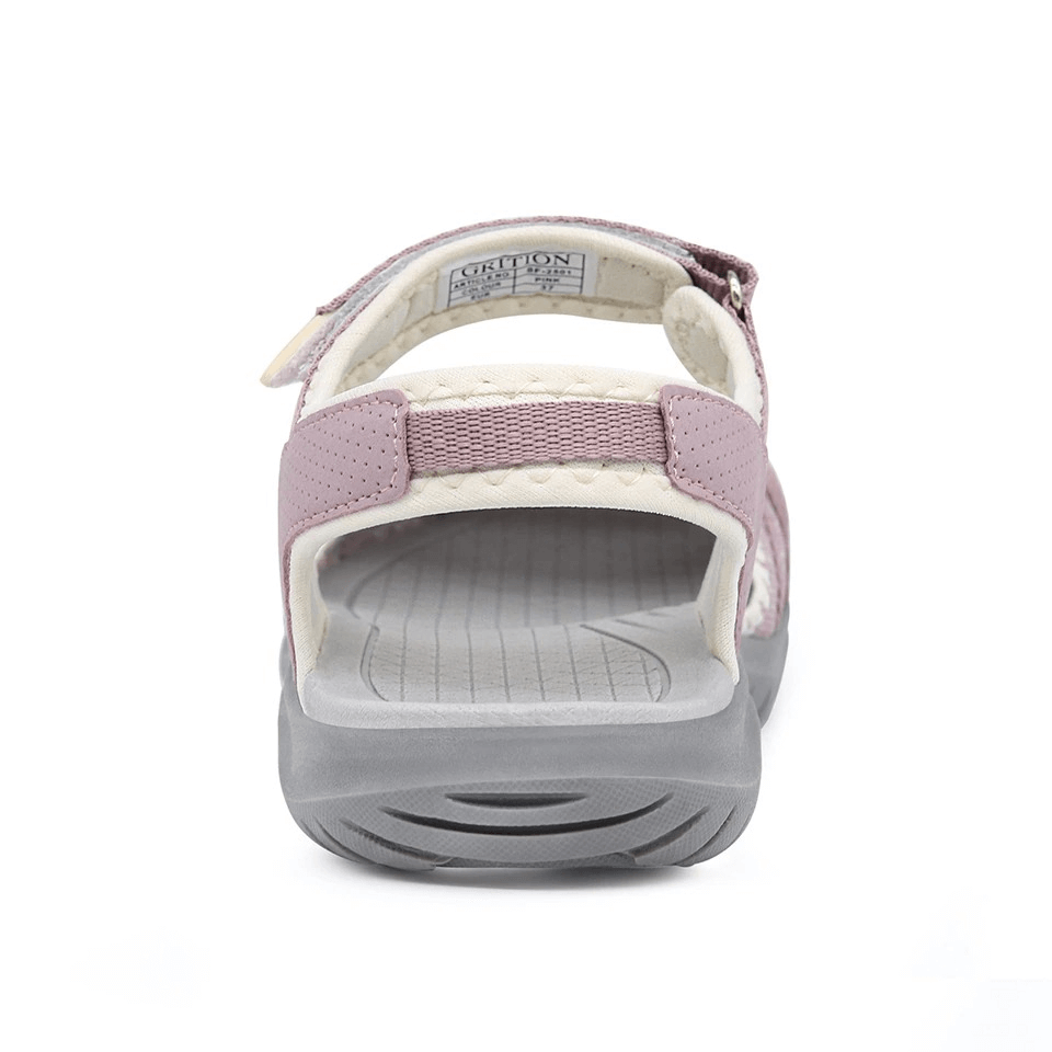 Rear view of pink casual closed toe flat heels women's sandal with EVA insole and hook & loop closure for trekking and travel.