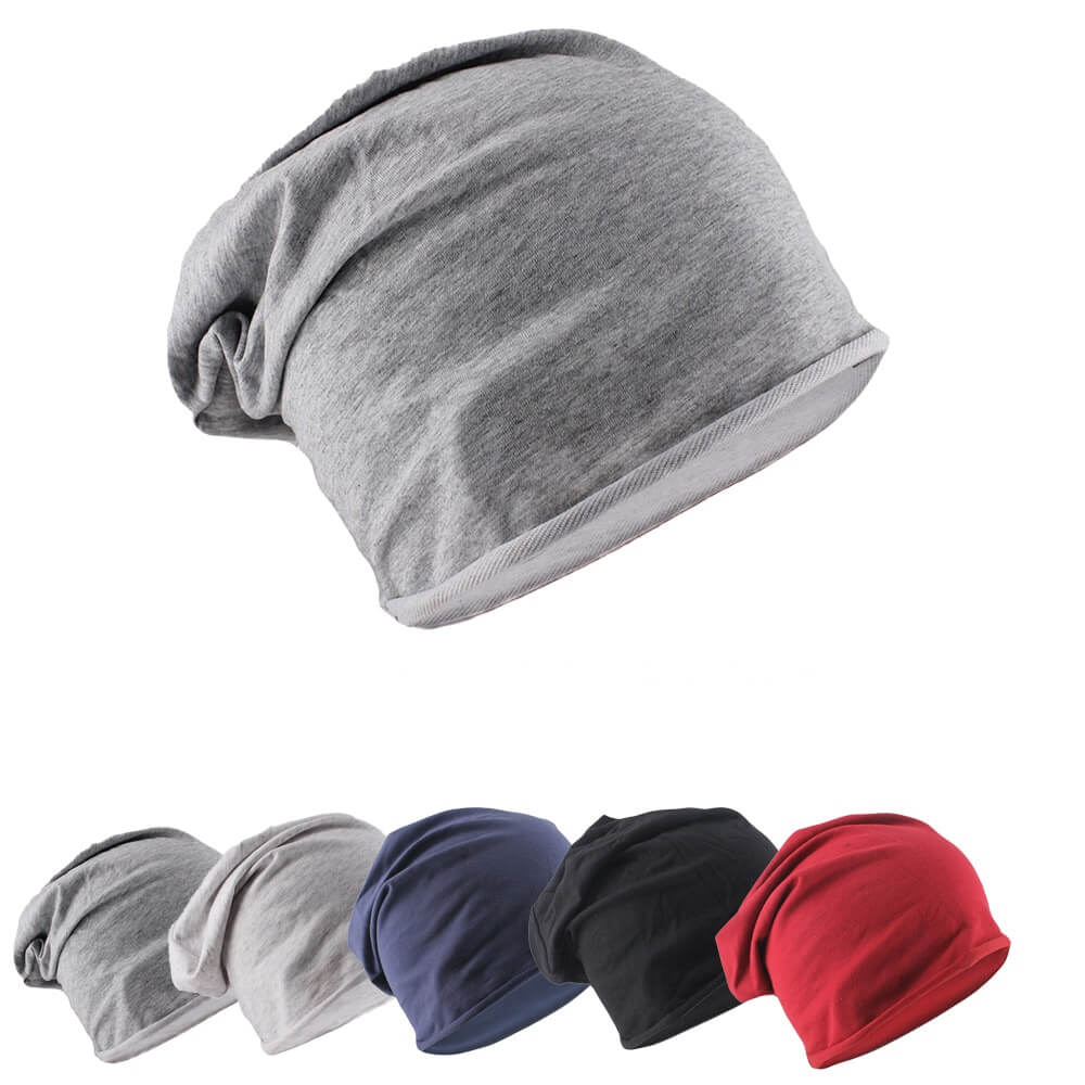 Unisex soft cotton beanies in gray, navy, black, and red, showcasing solid patterns and casual style for all seasons.