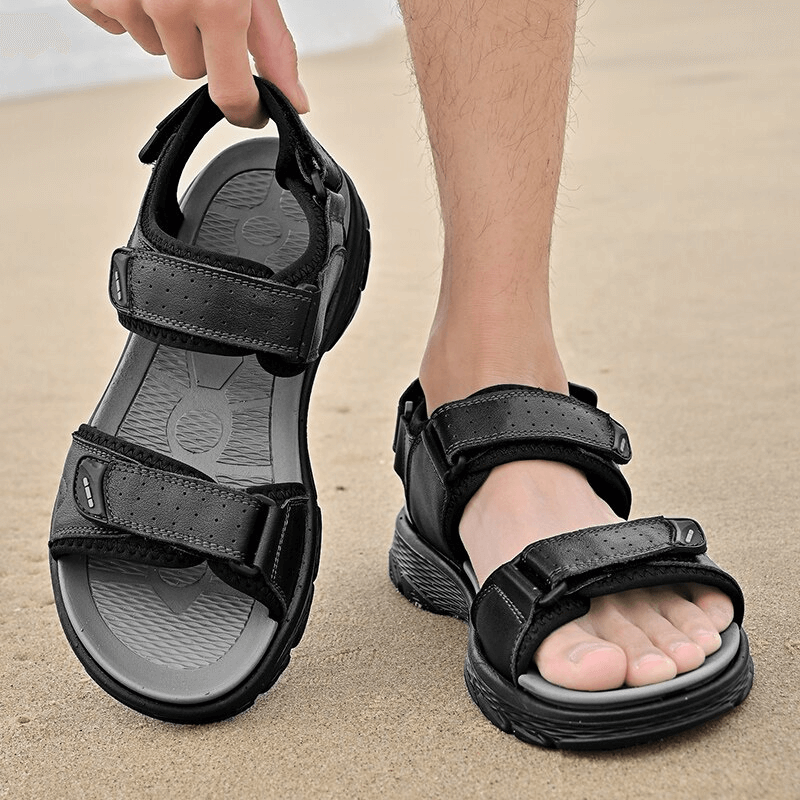 Casual genuine leather sandals with soft soles, perfect for hiking and trekking, shown on a sandy beach. Style SF0777.