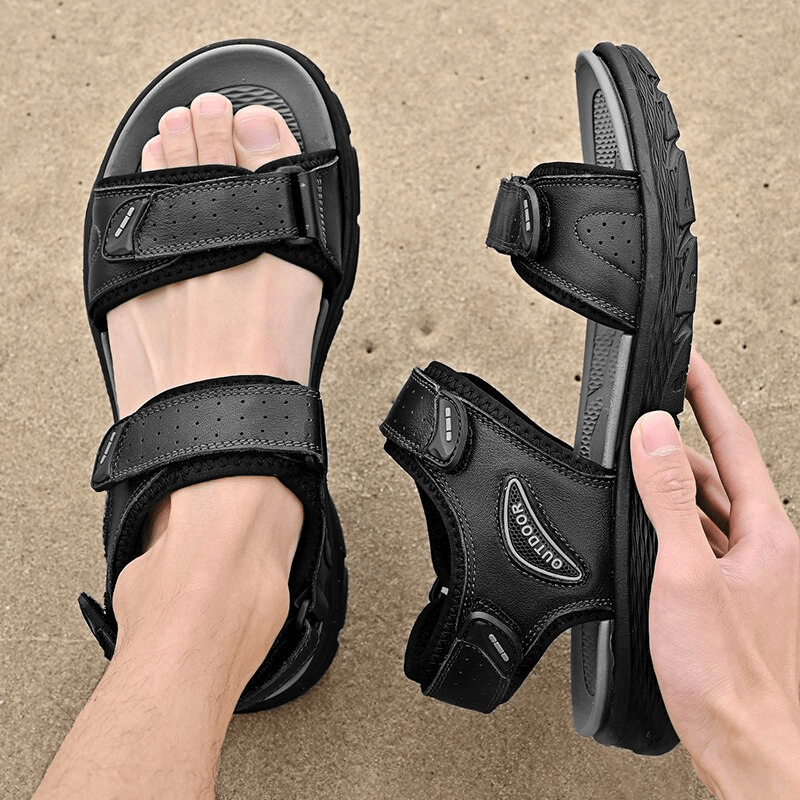 Casual Genuine Leather Sandals with Soft Soles - Perfect for Hiking and Trekking, Black Color