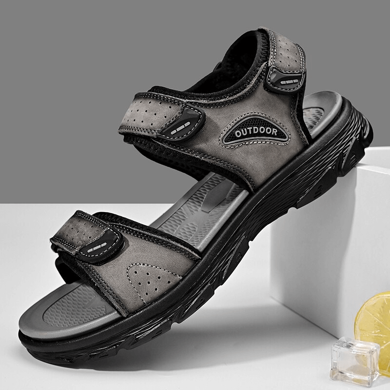 Casual genuine leather sandals with soft soles, ideal for hiking and trekking. Stylish mixed colors, cotton lining, EVA outsole. Model SF0777.