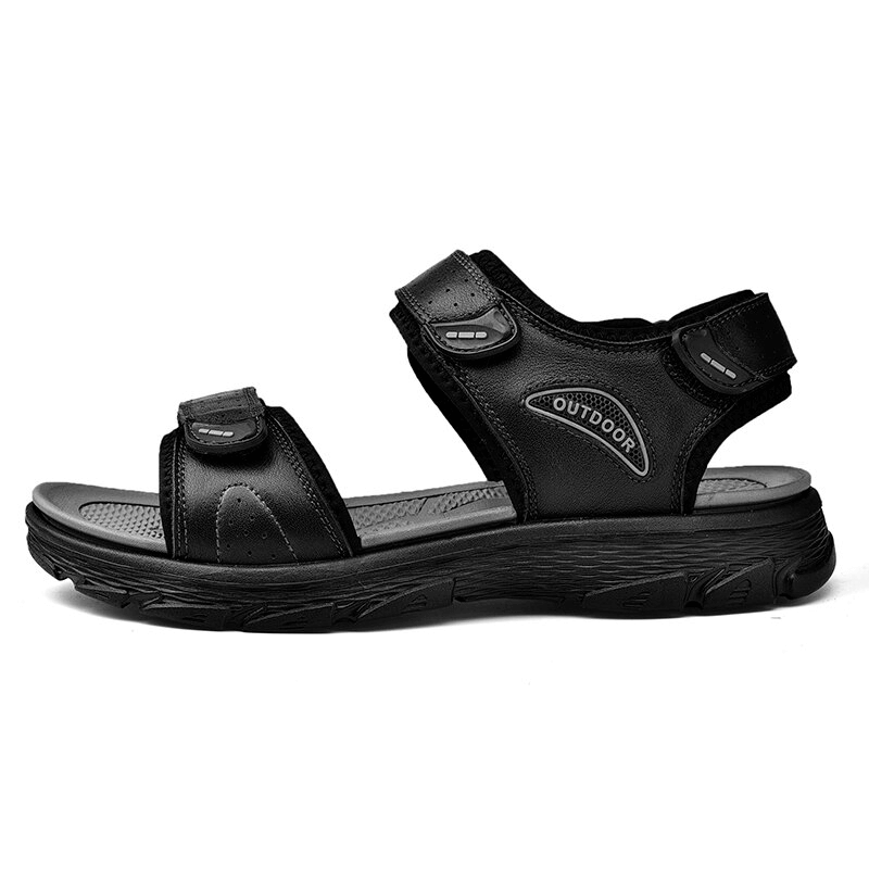 Casual genuine leather sandals with soft soles in black, ideal for hiking and everyday wear, featuring durable EVA outsole.