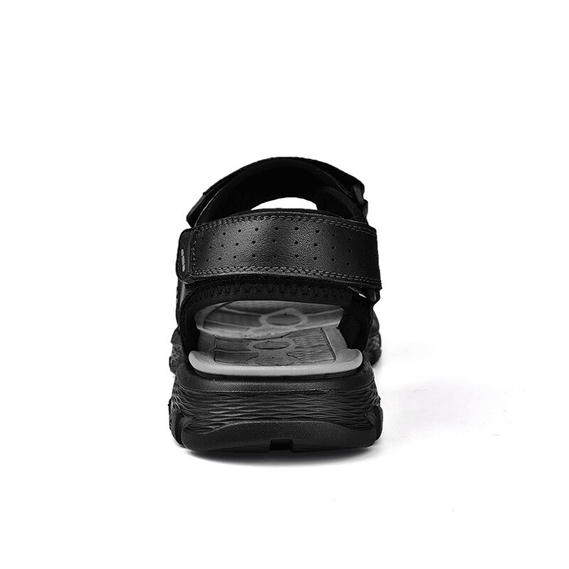 Rear view of black genuine leather sandal with soft sole, perfect for casual wear or hiking. Comfortable EVA outsole for men.