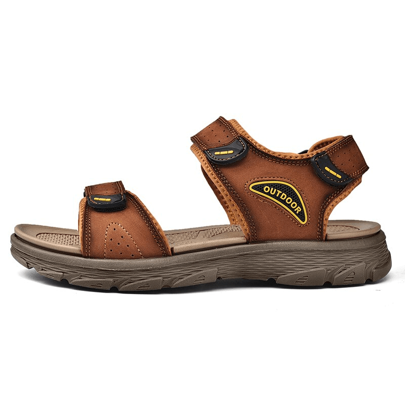 Brown genuine leather sandals with soft soles, perfect for hiking and trekking, featuring durable EVA outsole and adjustable straps.