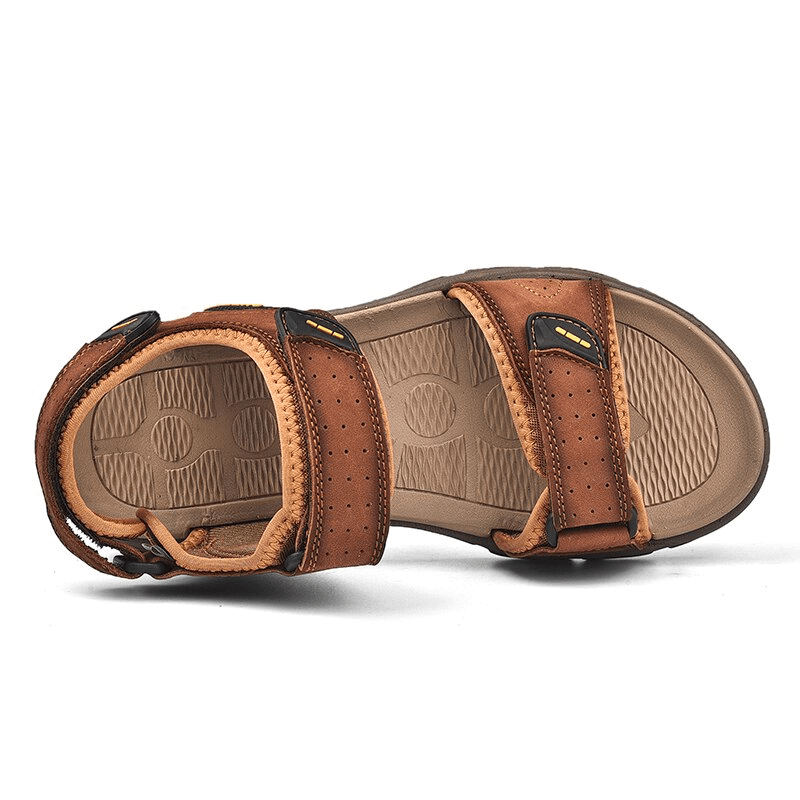 Top view of brown genuine leather sandals with soft soles, perfect for casual wear, hiking, and trekking. Model SF0777.