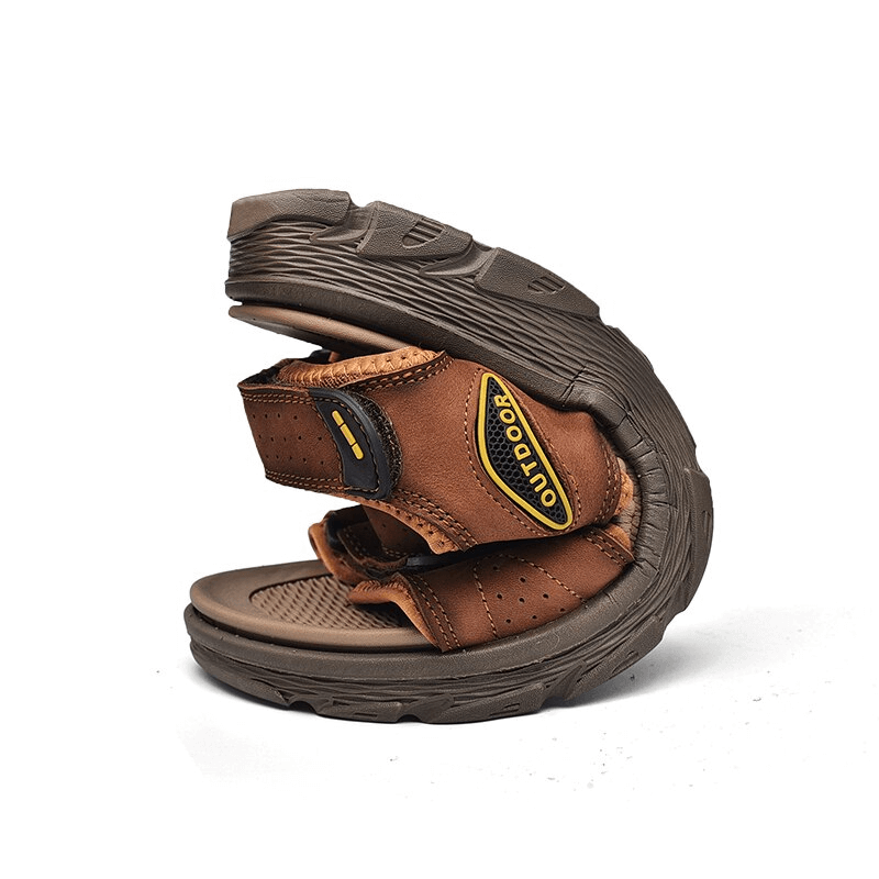 Soft sole leather sandals for hiking and trekking, flexible bend, brown casual style, durable EVA outsole, versatile outdoor footwear.