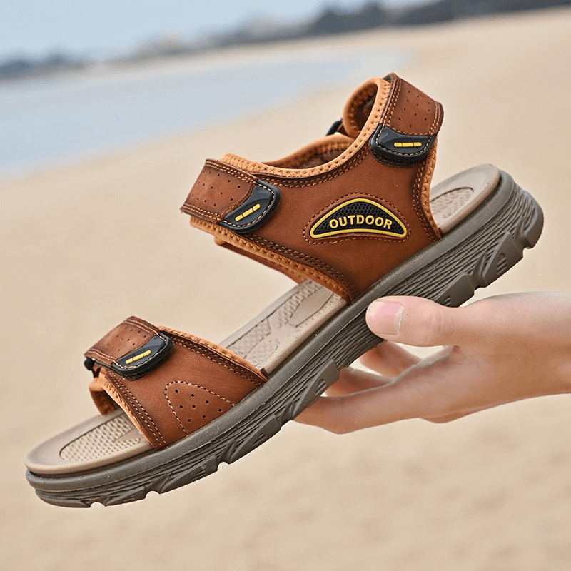 Genuine leather sandals with soft soles, perfect for casual wear or hiking. Featuring cow leather, mixed colors, and EVA outsole.