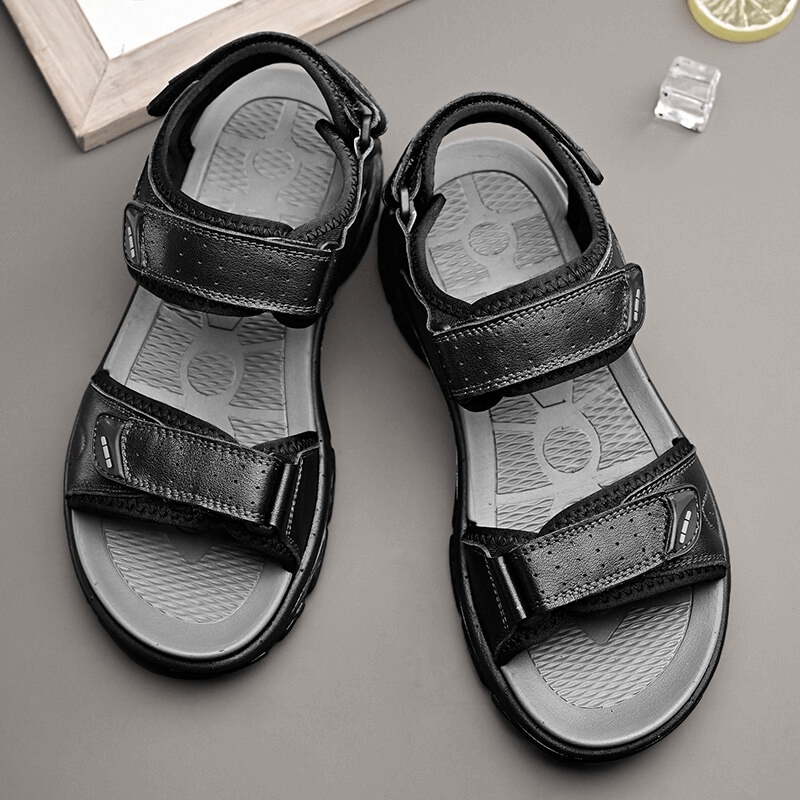 Men's genuine leather hiking sandals with soft soles in black, featuring adjustable straps and EVA outsole for comfort and style.