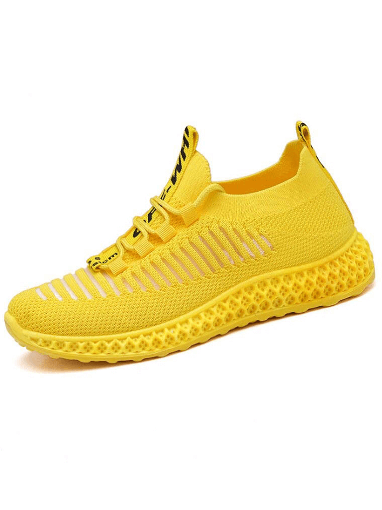 Vibrant yellow mesh breathable sneakers with lace-up closure and flat bottom, perfect for casual comfort and everyday walking.