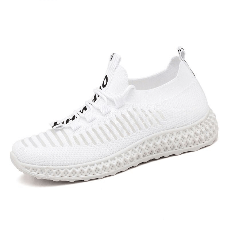 White mesh breathable women's sneaker with lace-up closure and flat bottom design, perfect for casual everyday use.