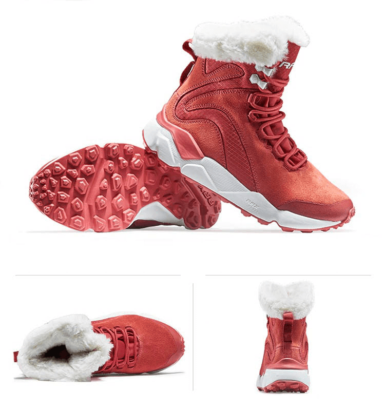 Women's red lace-up leather snow boots with fur, showcasing waterproof design, plush lining, and durable outsole. Perfect for winter.