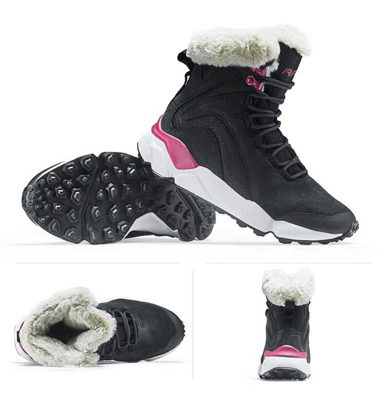 Women's casual lace-up leather snow boots with fur, black with pink accents, waterproof and plush-lined for warmth, style SF0287.