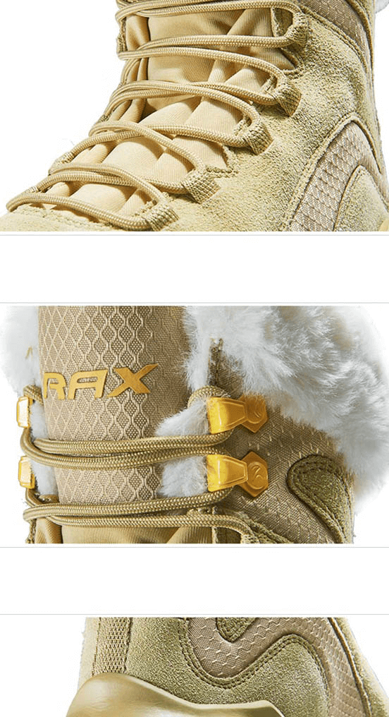 Close-up of tan lace-up leather snow boots with fur trim, showcasing stylish design and waterproof feature.