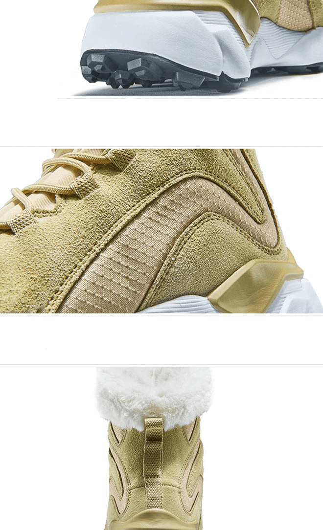 Close-up details of a yellow lace-up snow boot with textured sides and plush fur lining, featuring rugged sole for traction.