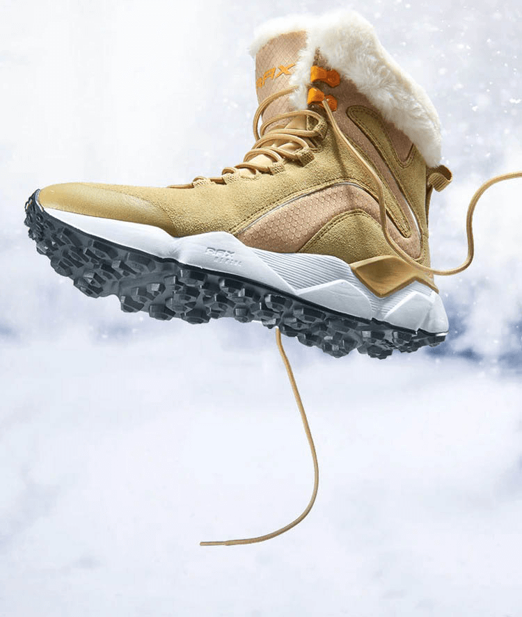 Warm snow boot with fur, genuine leather, and rugged sole, perfect for outdoor activities. Lace-up design for comfort and support.