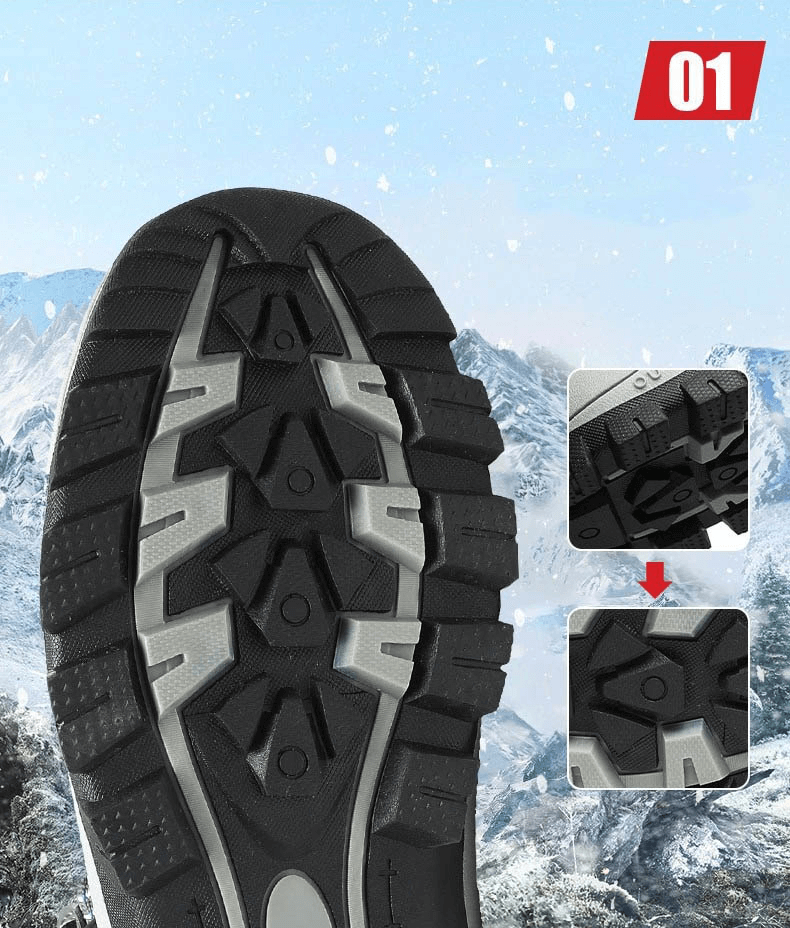 Alt Tag: Close-up of non-slip rubber soles on men's lace-up snow boots, featuring deep treads for superior traction in ice and snow.