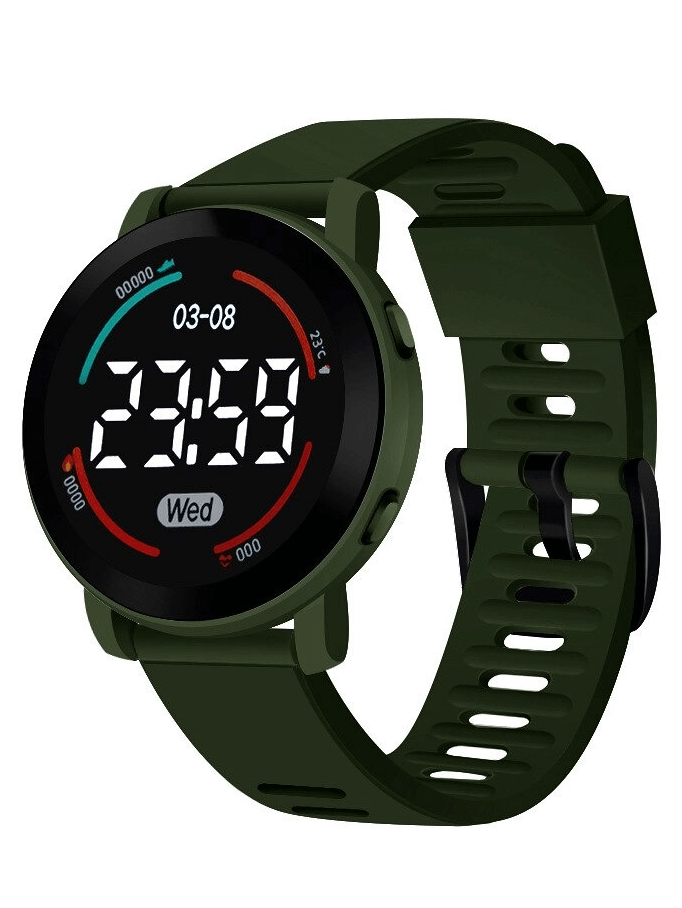 Casual LED digital slim wristwatch SF0438 with green silicone band and alloy case. Unisex and waterproof up to 1.2cm.