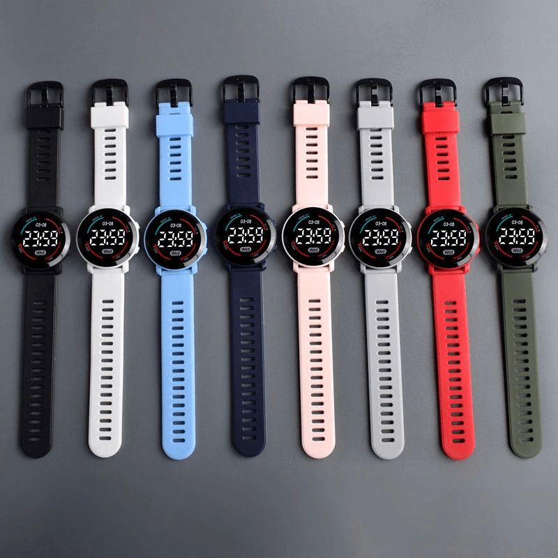 Colorful Casual LED Digital Slim Soft Wristwatches in a row, featuring durable alloy cases and silicone bands, unisex design.