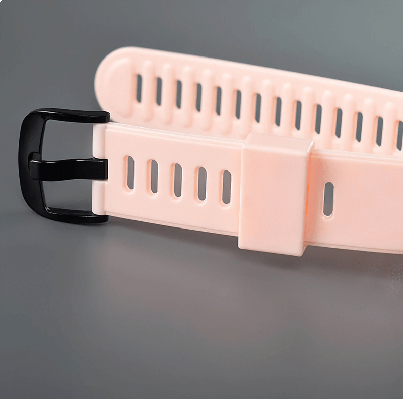 Close-up of a soft pink silicone watch strap with a black buckle, designed for the Casual LED Digital Slim Wristwatch SF0438.