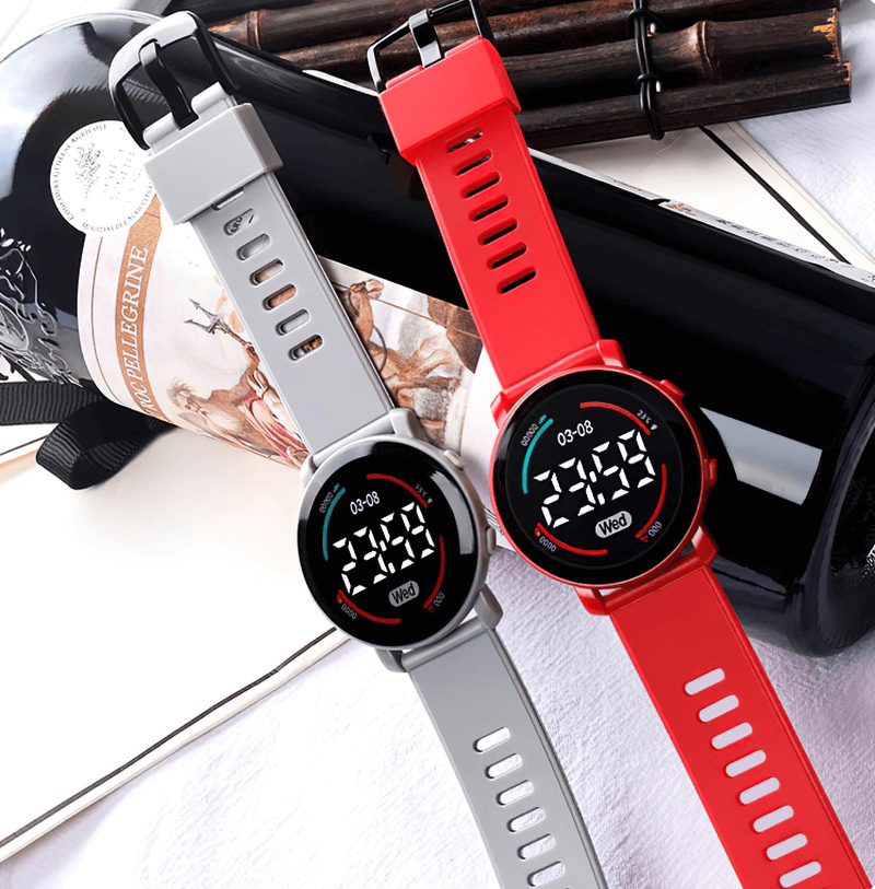 Casual LED Digital Slim Soft Electronic Wristwatch in gray and red with sleek design and silicone band, perfect for everyday wear.