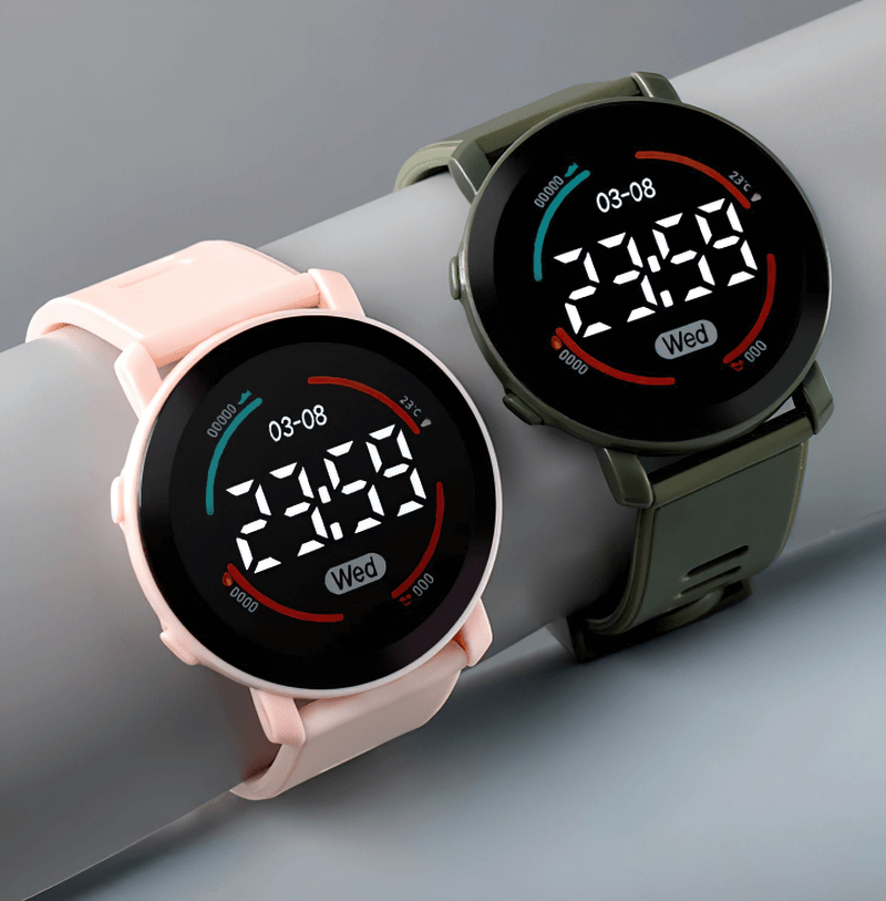 Two LED digital wristwatches, one pink and one black, with a sleek design, alloy case, and silicone band displaying time and date.