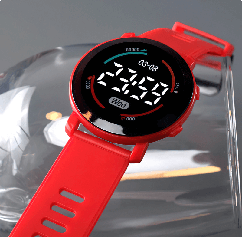 Sleek red LED digital wristwatch with silicone band, displaying time on a round face; perfect for trendy, unisex daily wear.