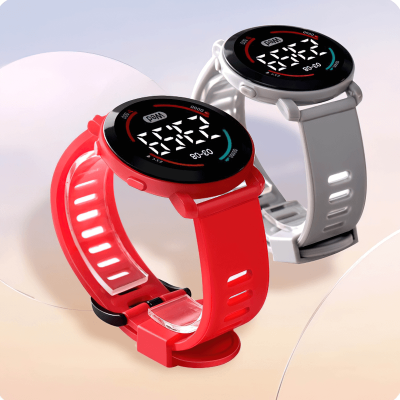 Unisex casual LED digital wristwatch in red and gray with slim design, durable silicone band, and waterproof feature, perfect for daily wear.