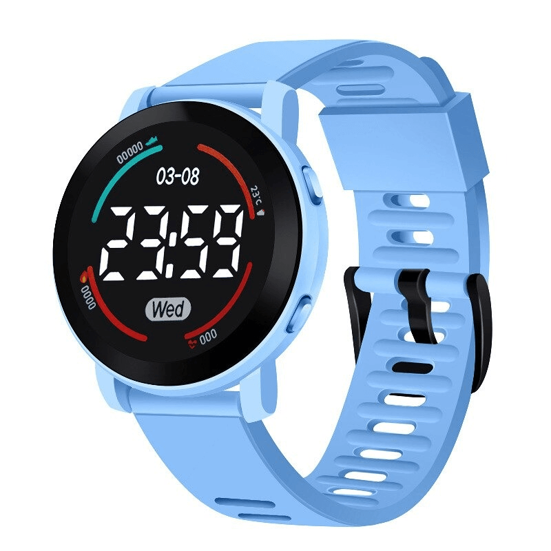 Blue LED digital wristwatch with slim design, silicone band, alloy case, and waterproof up to 1.2cm. Perfect for unisex daily wear.