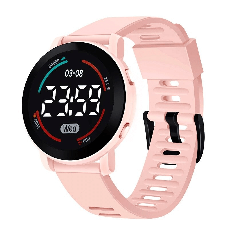 Casual LED digital wristwatch SF0438 with pink silicone band and clear display, perfect for trendy daily wear and water-resistant.