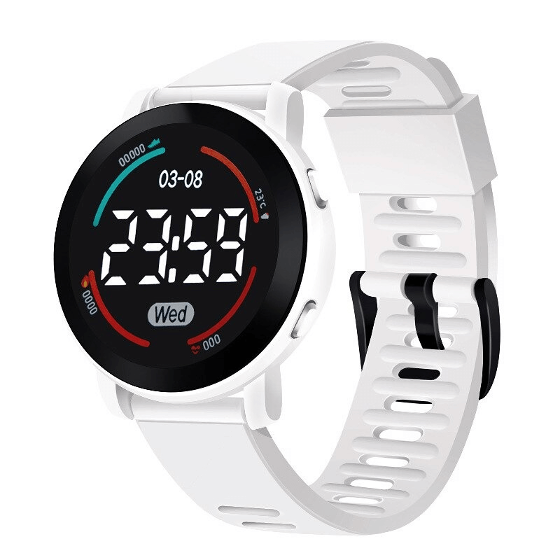 Casual LED digital slim wristwatch SF0438 with white band, alloy case, unisex design, waterproof; shows time, date on clear display.