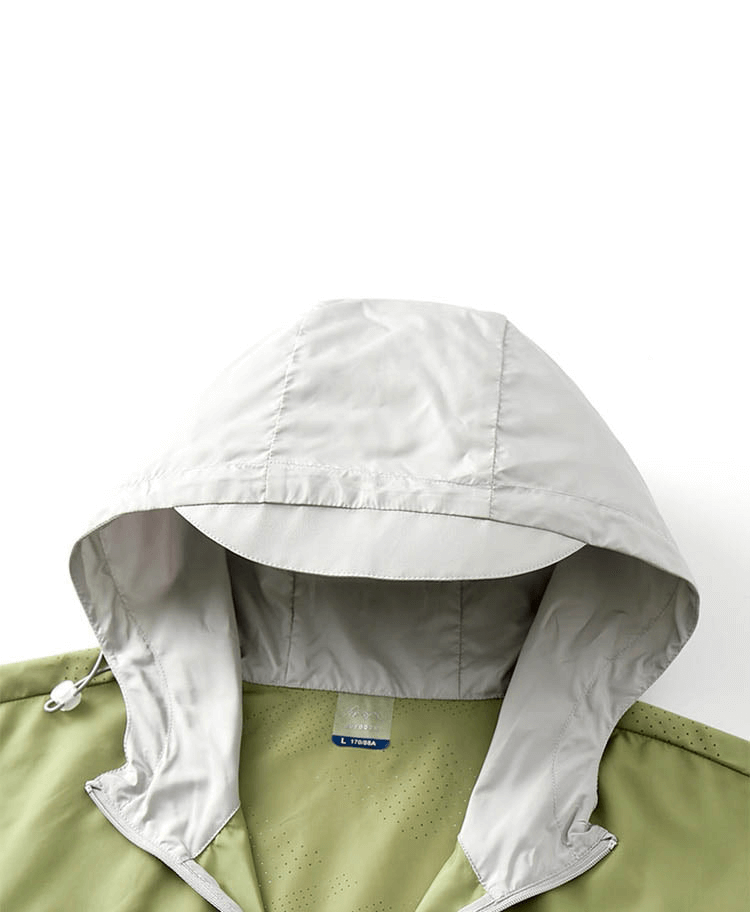 Casual light thin breathable hooded patchwork jacket in green and gray, perfect for summer casual wear.