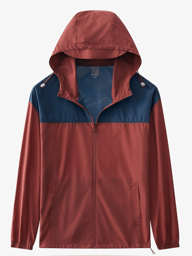 Casual thin breathable hooded jacket in red and blue patchwork design with zipper closure for summer.