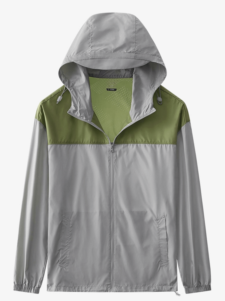 Casual light thin breathable hooded patchwork jacket in gray and green, perfect for summer and casual occasions.
