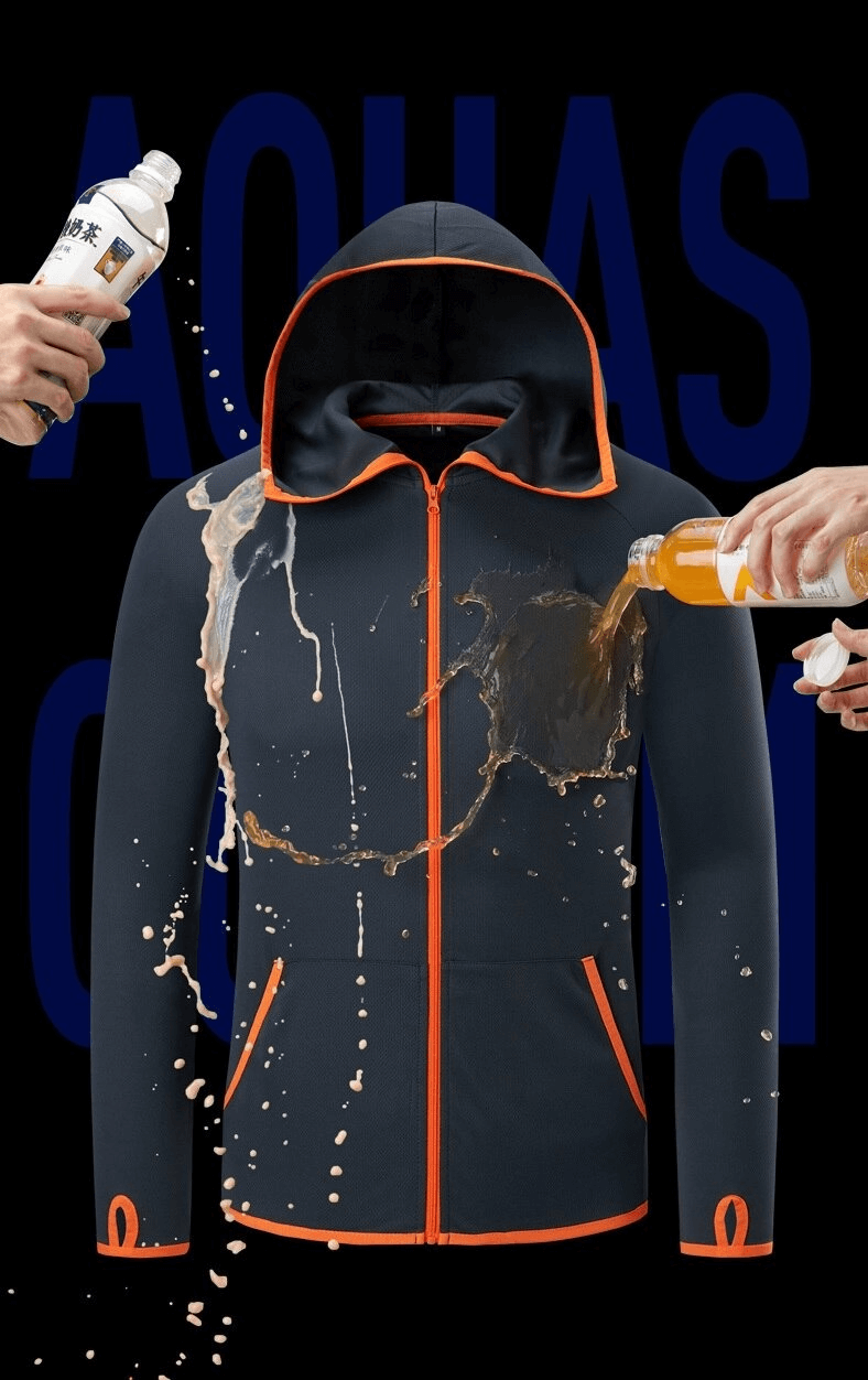 Waterproof navy blue sunscreen jacket with orange trim, featuring a hood and zipper, being tested for water resistance.
