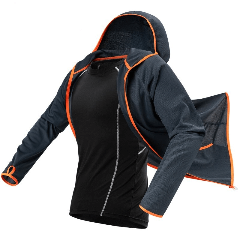 Men's casual lightweight sunscreen jacket SF0406 with zip closure, stretch fabric, and quick-dry lining in black and orange trim.