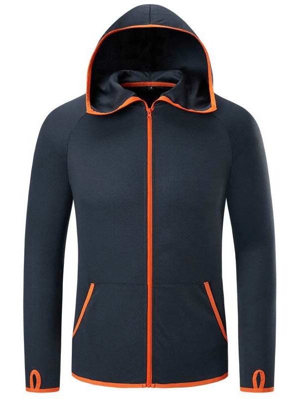 Men's casual lightweight sun-protection jacket with orange trim, stretch fabric, zip closure, breathable and quick-dry.