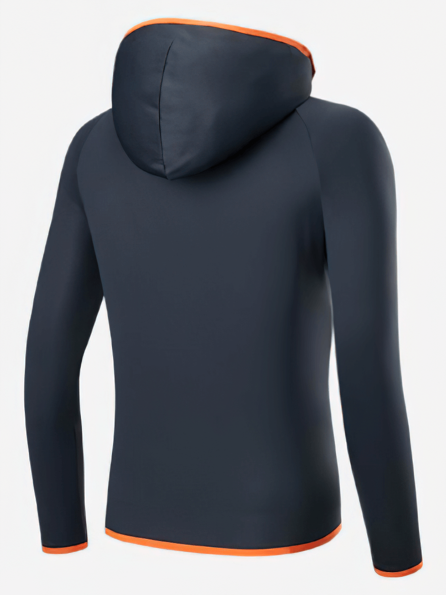 Back view of a casual lightweight, thin sunscreen jacket for men with a hood, showcasing its sleek design and stretch fabric.