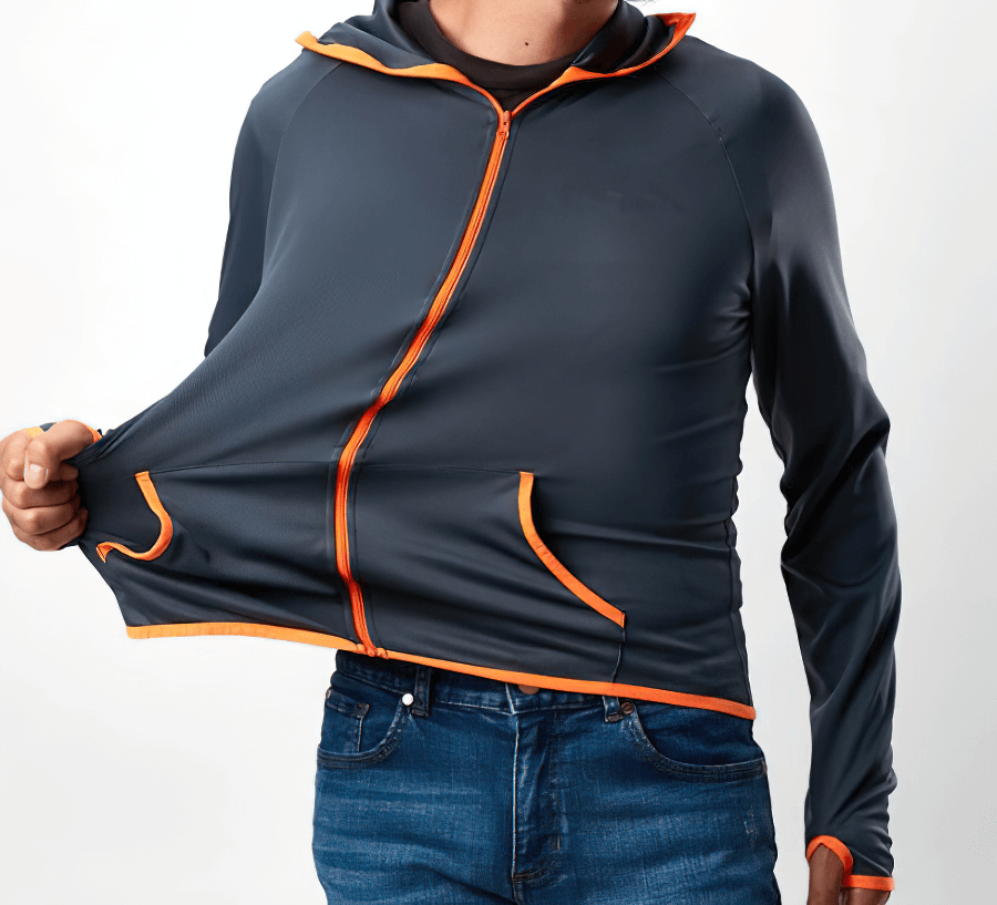 Casual lightweight men's jacket with orange trim, featuring zipper closure and pockets. Perfect for summer looks and sun protection.