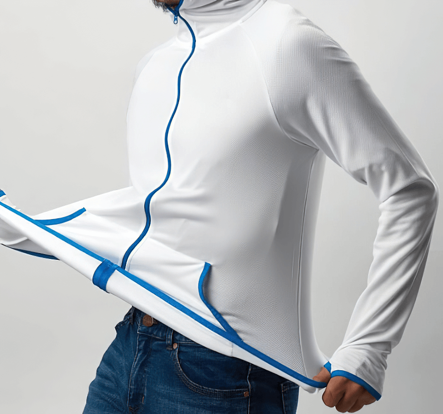 Casual lightweight men's sunscreen jacket in white with blue trim, features stretchy fabric and zipper closure, SF0406 design.