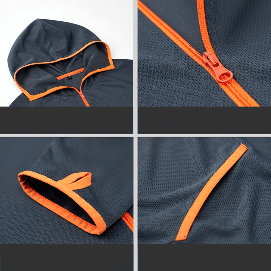 Casual lightweight men's sunscreen jacket, dark with orange trim, showcasing hood, zipper, sleeve, and pocket details, model SF0406.