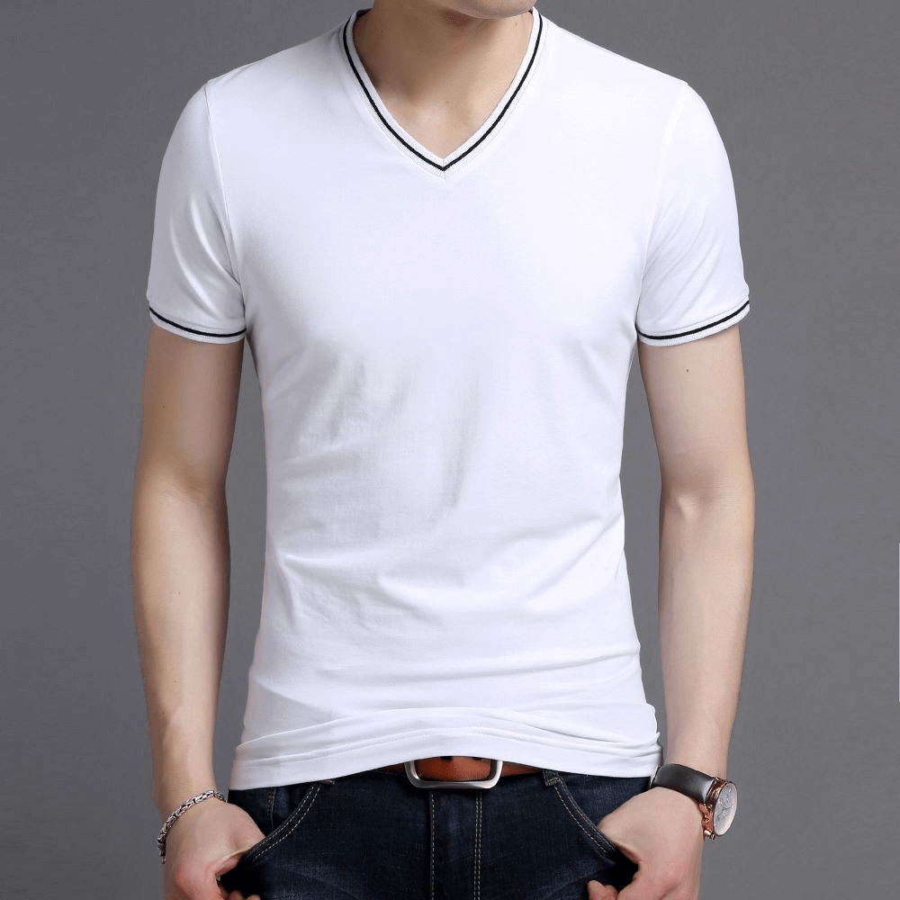 Casual male cotton V-neck t-shirt with striped sleeves, offering comfort and style. Ideal for casual or active wear. Model SF1084.