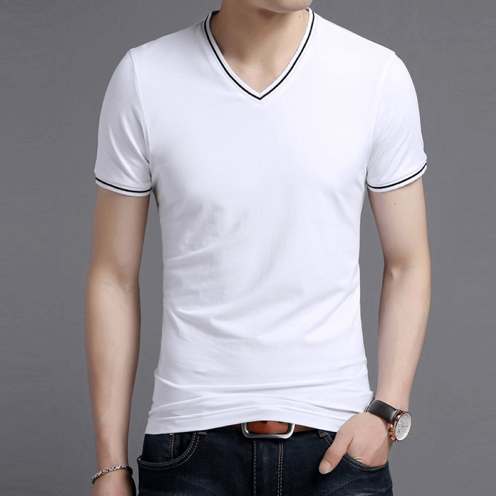Casual Male Cotton V-Neck T-Shirt with Strips on Sleeves - SF1084