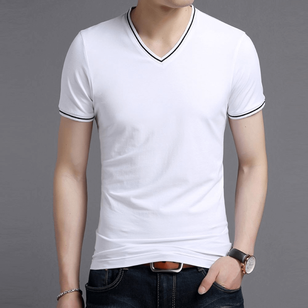 Casual male cotton V-neck t-shirt with striped sleeves offers comfort and style. Perfect for casual or active wear. Model SF1084.