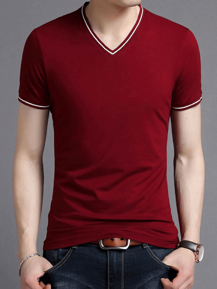 Casual male V-neck t-shirt with striped sleeves, SF1084, combining comfort, breathability, and style in rich maroon. Perfect for any occasion.
