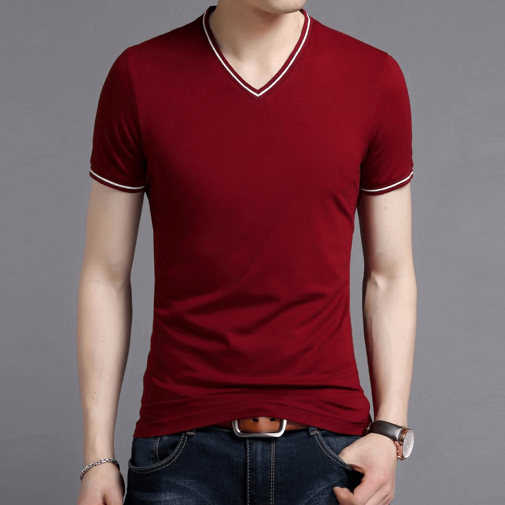 Casual Male Cotton V-Neck T-Shirt with Sleeve Stripes, Comfortable 100% Cotton and Spandex, Perfect for Style and Comfort - SF1084